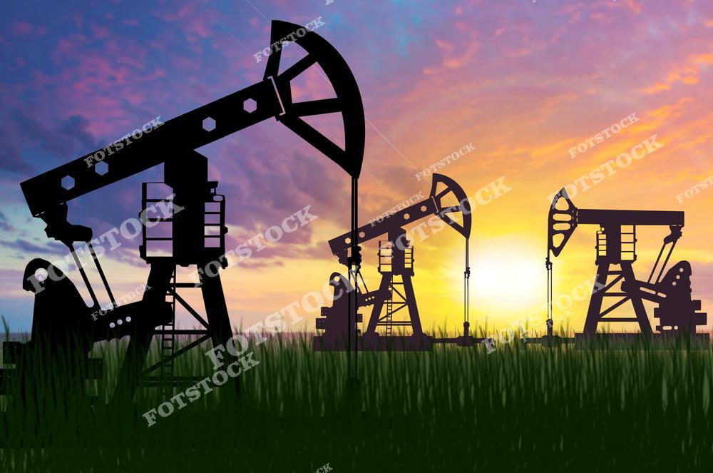 На фотографии изображены силуэты нефтяных насосов, работающих в поле, на фоне яркого заката. Природный ландшафт гармонично сочетается с индустриальными элементами. Изображение подчеркивает процесс добычи нефти и его связь с окружающей средой.